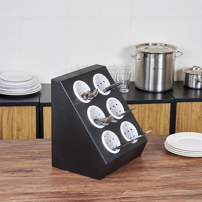Restaurantware-Met Lux 13.78 x 11.42 x 15.94 Inch Flatware Organizer, 1 Standing Cutlery Holder - Includes 6 Plastic Cylinders, Perforated Design, Black Plastic Utensil Holder, For Breakroom