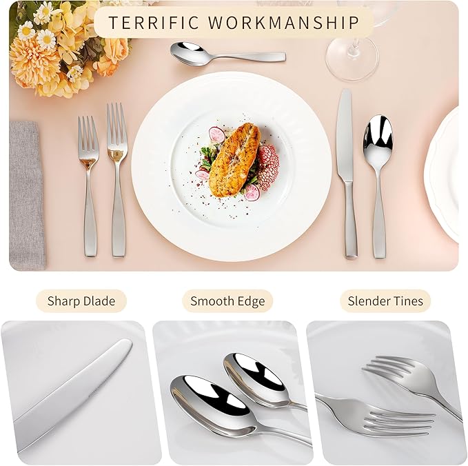 45-Piece 18/10 Stainless Steel Flatware Set for 8, Heavy Duty Silverware Set, Flatware Set with Serving Utensil, High End Flatware, Mirror and Matte Satin Silverware, Dishwasher Safe, Ideal for Gift