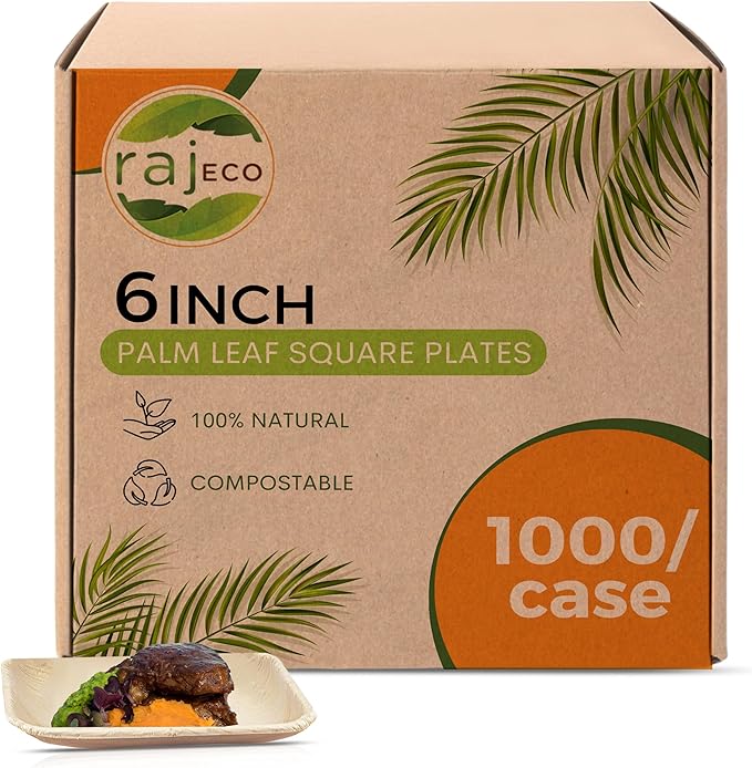 Raj Palm Leaf Plates Bulk [50-Pack] 6" Square Plates(20 CASES - 1000 PACK) like Bamboo plates Disposable, Strong, Decorative Compostable Tableware for weddings, Lunch, Dinner, Birthday,Outdoor