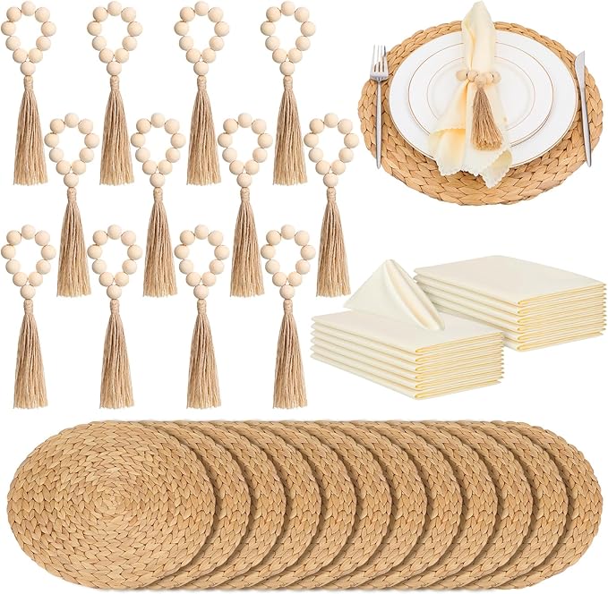 Gejoy 36 Pcs Boho Woven Placemats Wood Bead Napkin Rings with Dinner Napkins Cloth 13.8 Inch Round Water Hyacinth Placemat Farmhouse Rustic Table Chargers Wooden Dinner Ring for Wedding Thanksgiving