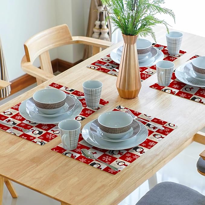 Winter Placemats Set of 4 - Cute Snowflake Snowman Place Mats 12x18 Table Mats Red Beige Buffalo Plaid Kitchen Mats for Party Dining Table
