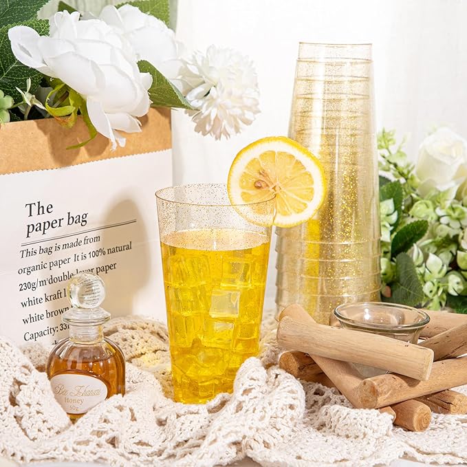 I00000 16 oz Gold Plastic Cups, 50 Pack Gold Glitter Plastic Cups Tumblers Disposable Party Cup Wedding Cup, Heavy-duty Plastic Disposable Glasses Ideal for Birthday, Wedding & Party