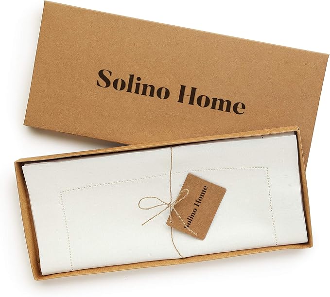 Solino Home Linen Ivory Table Runner 90 Inches Long - 100% Pure Linen Hemstitch 14 x 90 Inch Table Runner for Dining, Spring, Easter - Classic Hemstitch