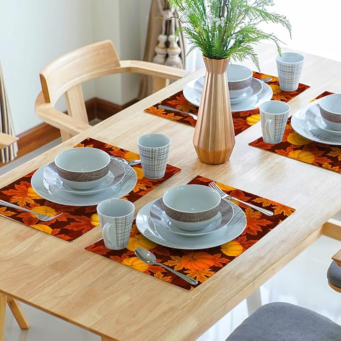 aportt Fall Placemats Set of 4 Autumn Pumpkin Leaves Linen Place Mat Washable Non-Slip Heat Resistant 12×18 Inch Thick Place Mats Decorative Fabric Table Mat for Dining Table