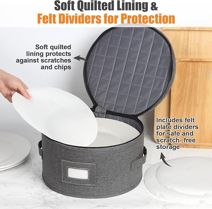 China Storage Containers, 4PCS Hard Shell Dish Storage Containers with Felt Dividers for Charger Plates Dinnerware, Moving Boxes for Dishes, Stackable Plate Storage Cases for 12 Place Setting