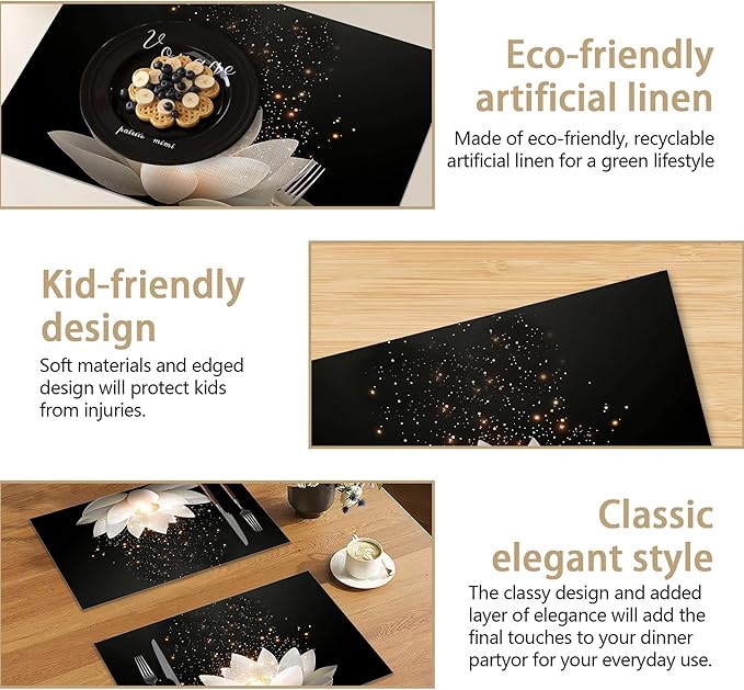 Placemats Set of 6 Lotus Flower Place Mats Washable Kitchen Dining Linen Table Mats Stain Heat, for Home Party Indoor 12x18 in
