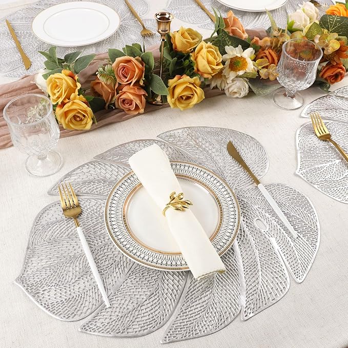 Evevda Silver Leaf Shaped Vinyl Placemats for Dinner Table Set of 6 Metallic Plastic Place Mats Wipeable 6Pcs Table Mats for Wedding Annersary Dinner Table Decoration Mats(17.7x13.8inch/45x35cm)