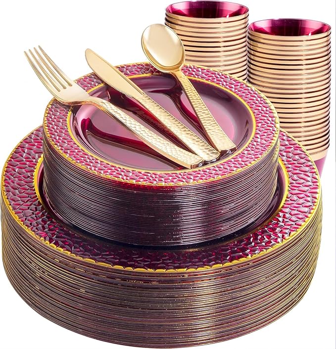 Ciaell 150PCS Clear Red Plastic Plates - Disposable Red and Gold Plates Set include 50Plates, 25Forks, 25Knives, 25Spoons, 25Cups for Wedding & Party & Valentine's Day