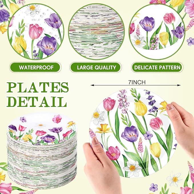 Umigy 120 Pcs Summer Tulip Floral Paper Plates 7 Inch Floral Party Decoration Plates, Summer Wild Flower Disposable Decorative Tableware for Birthday Wedding Baby Shower Tea Party Bridal Shower
