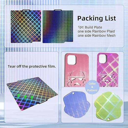 IdeaFormer Smooth Rainbow Plaid+Rainbow Mesh PES Build Plate 257x257mm, PES Spring Steel Sheet Platform for Bambu Lab A1/X1C/X1/X1E/P1P/P1S 3D Printers Bed