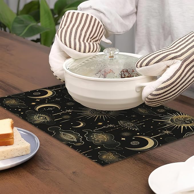 Placemats Set of 6,Moon Sun Table Mats,Vintage Boho Washable Linen Table Mats,Non-Slip Heat Resistant Placemats for Party Kitchen Dining Indoor Outdoor 12"x18"