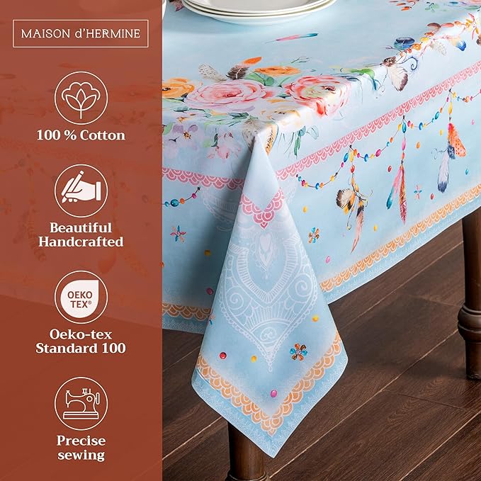Maison d' Hermine Table Cloth Rectangle Table 100% Cotton 60 x 120 Inches Tablecloth Reusable Decorative for Dining Room Farmhouse Home Valentines Day Decorations Spring Summer - Ibiza - Blue