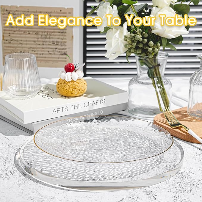 100PCS Clear and Gold Plastic Plates, 10 Inch Disposable Dinner Plates with Gold Rim, Heavy Duty Stone Texture Plastic Plates for Party and Weddings