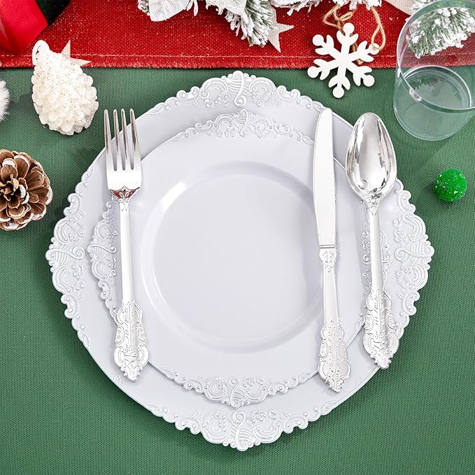 Liacere 350PCS Silver Plastic Plates&Pre Rolled Napkins for 50 Guests - Plastic Dinnerware Sets 100Silver Disposable Plates, 150Silver Silverware, 50Cups and 50Napkins for Christmas
