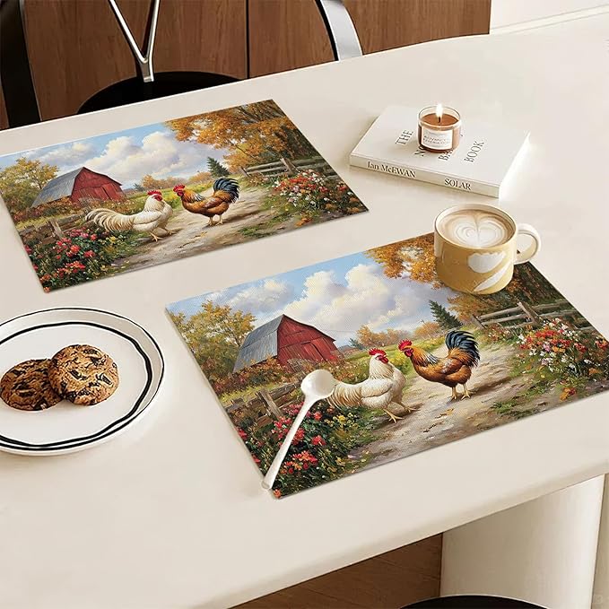 Farmhouse Rooster Placemats Set of 6, Farm Chicken Place Mats, Rustic Farm Coop Waterproof Washable Table Mats for Home Party Indoor Kitchen Dining Table Decoration 12x18 Inch