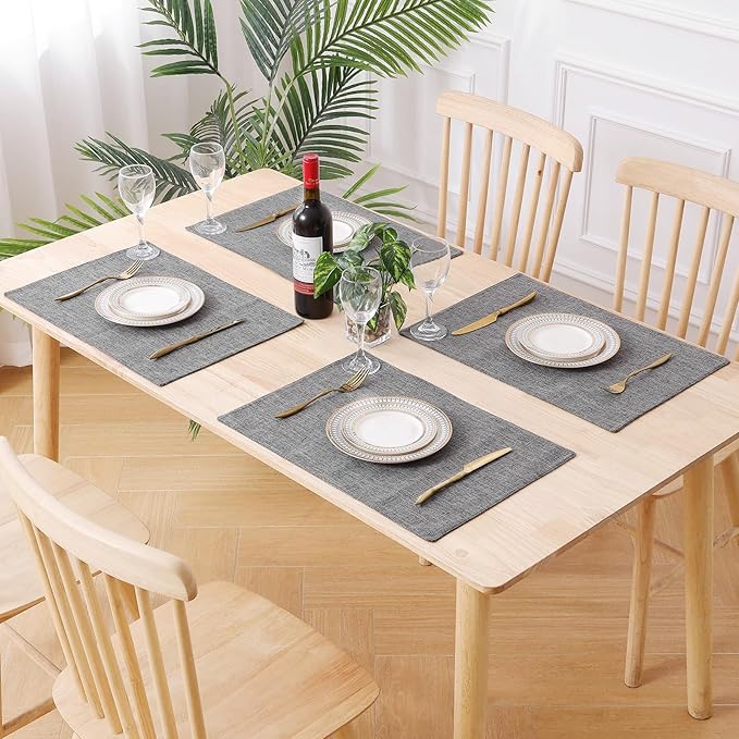 homing Cotton Linen Placemats Set of 6, Cloth Washable Farmhouse Dining Table Mats for Indoors & Outdoors, Easy to Clean, Dark Grey, 13 x 19 Inch
