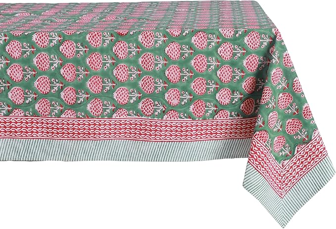 ATOSII Roma Green 100% Cotton Square Summer Tablecloth, Block Print Floral Table Cloth for Dining, Parties Wedding Outdoors I Grand Millenial Decor 60 X 60 Inches I 4 Seater I