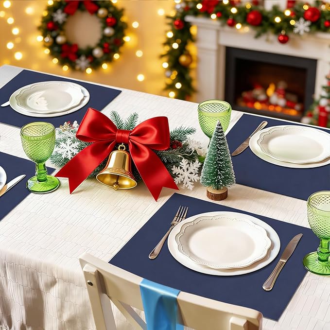 MANSPHIL Navy Blue Cloth Placemats Set of 4 Cotton Washable Thick Faux Linen Table Place Mats Heat Resistant Double Layer Fabric Wrinkle Free Dining Kitchen Table Decor - 13x19 Inch Oeko Tex Placemat