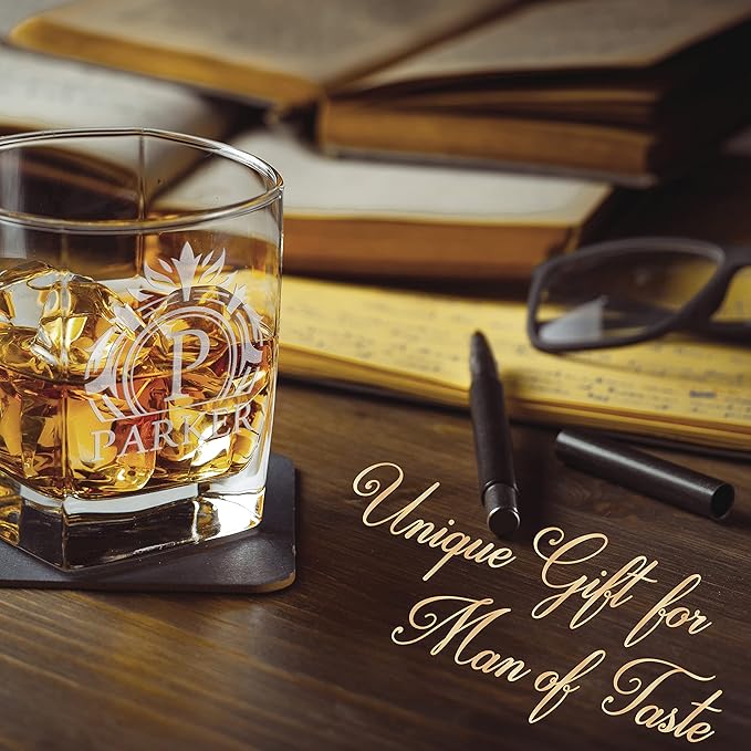 Customization Mill Set of 4, Monogrammed Whiskey Rocks Glasses w/Name & Initial - Whiskey Gifts for Men - 9 Designs - Personalized Bourbon Whiskey Glasses