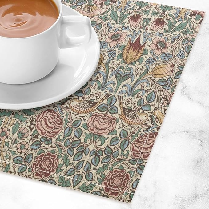 William Morris Placemat Set, Beige Blue Pink Vintage Rustic Art Exotic Ethnic Floral Bird Seamless Pattern Home Decor Linen Table Mats for Dining Room Kitchen Party (17x12in) x2P