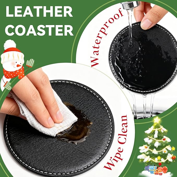Custom Leather Coaster, Personalized Set of 6 Coasters for Drinks with Holder, DIY Logo Name Image, Durable, Non-Slip, Waterproof Leather Coaster for Home, Office, Bar, Cup Housewarming
