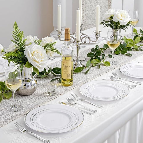 350Piece Silver Plastic Dinnerware Set for 50 Guests - Silver Plastic Plates with Cutlery Include:50Dinner Plates-50Dessert Plates-50Pre Rolled Napkins with Silverware Valentine's Day
