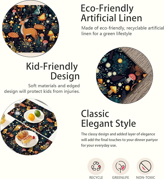 Fantasy Mushroom Forest Placemats Set of 6,Deer Bunny Place Mats Heat Resistant Washable Non-Slip Table Mats for Party Kitchen Dining Decor 12x18 Inch