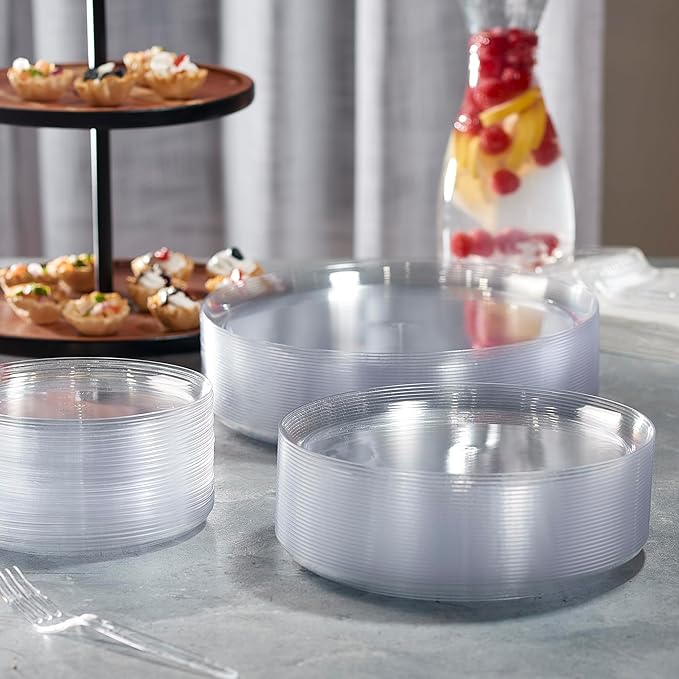 PLASTICPRO Plastic Party Plates Edge Collection Premium heavyweight Elegant Disposable Tableware Dishes (Clear, 6.3'' INCH PLATES)