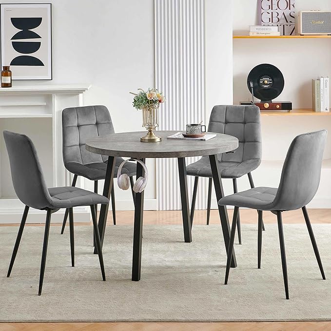 Kitchen Table and Chairs Set for 4, 37" Grey Round Dining Table with Hooks, Solid MDF Faux Wood Tabletop, Grey Velvet Dining Chairs Upholstered Side Chair with Back