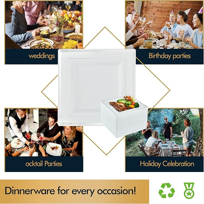 Vplus 90 Piece 9.5 Inch Silver Plastic Plates Disposable, Heavy Duty White Elegant Durable Dinner Plastic Party Plates with Silver Rim Perfect for Party Christmas