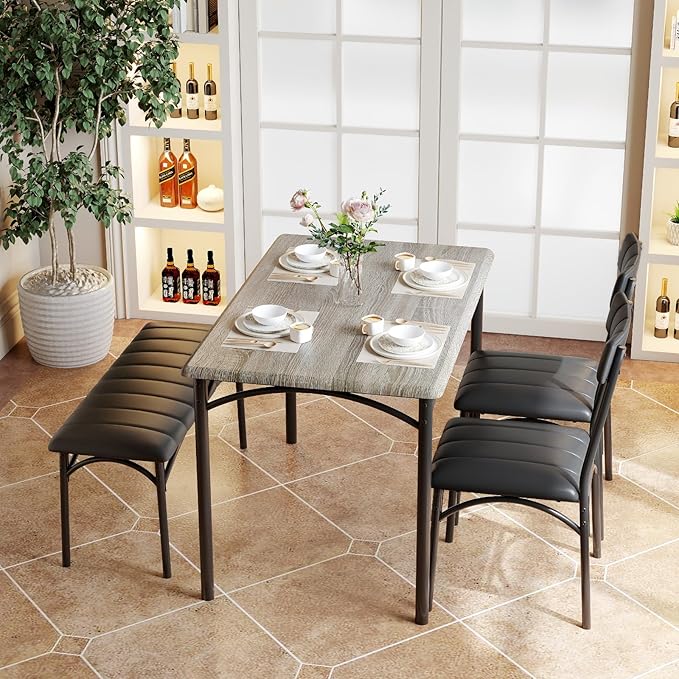 Dining Table Set for 4, Rectangular Kitchen Table and Chairs Set of 4 for Small Spaces, Modern Dining Room Table Set with Upholstered Bench and 2 Chairs, Space Saving Dining Furniture for Apartments