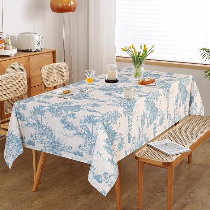 MYSKY HOME Linen Vintage Rectangle Tablecloth 60x84 Inches, Blue Castle Print Table Cloth for Dining Table I Tabletop I Parties/Outdoor I Spring/Summer Waterproof Fabric Farmhouse Tablecloth