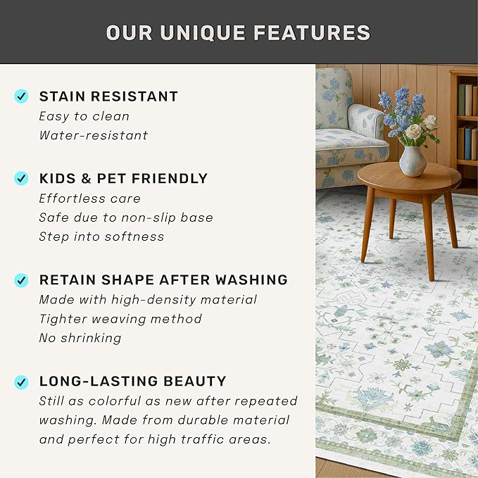 Blue and Green 4x6 Rugs for Small Living Room - Oushak Boho Pastel, Low Pile Non Slip Stain Resistant Throw Rug for Under Bed, Large Entryway, Kitchen, Floor Carpet Aesthetic Boys