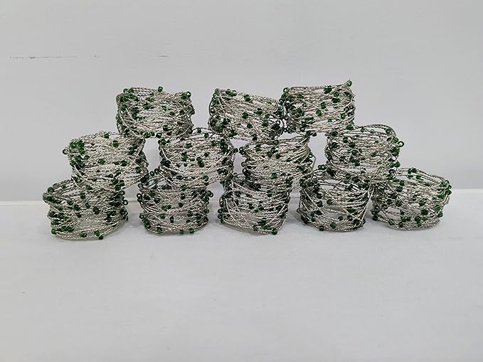 Silver Green Beaded Napkin Ring Set of 12 - Beautiful Fancy Elegant Decorative Napkin Holder for Dinner Table Decoration, Easter, Farmhouse, Wedding, Party, Family Gathering, New Year, Everyday Use
