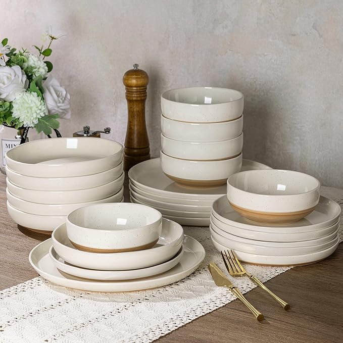 AmorArc 8.75'' Large Ceramic Pasta Bowls, 36oz Handpainted Stoneware Bowls Set of 4, Microwave&Dishwasher Safe Bowls with Wavy Rim&Rustic Terracotta Underside for Pasta Salad, Light Beige