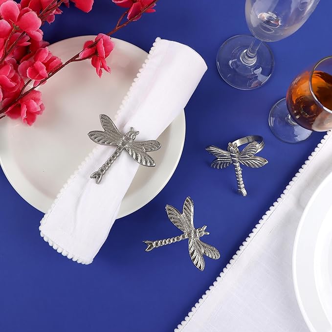 ALPHA Living HOME Dragonfly Napkin Rings - 12 Pcs Elegant Table Accessories Decorative Metal Napkin Holders for Wedding, Dinner Party, Holiday & Everyday Table Decor (Silver)