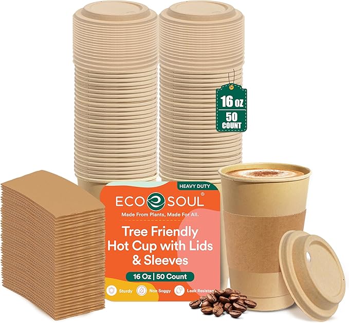 ECO SOUL 50 Pack 16 oz Disposable Coffee Cups with Lids & Sleeves Eco-Friendly, Biodegradable, Compostable, Leak-free & Sturdy To Go Hot Drink Cup for Tea, Chocolate Party Travel Cafe Office & Home