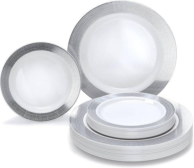 OCCASIONS 120 Plates Pack,(60 Guests) Heavyweight Premium Wedding Party Disposable Plastic Plates Set -60 x 10.5'' Dinner + 60 x 7.5'' Salad/Dessert (Linen White & Silver)