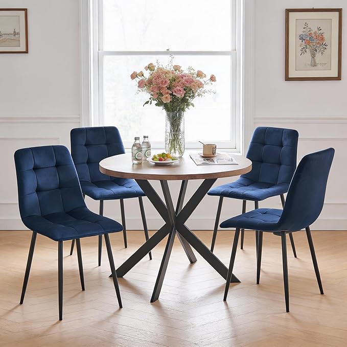 5-Piece Round Dining Table Set - Kitchen Table Chairs Set of 4 with Blue Velvet Upholstered Chairs -Dining Table Set for 4