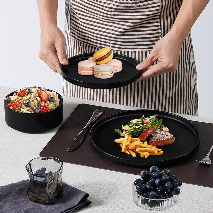 E-far 8-Piece Black Plates and Bowls Sets - Stoneware Dinnerware Sets with Pasta Bowls for 2 | Matte Black Kitchen Modern Dish Set, Microwave & Dishwasher Safe