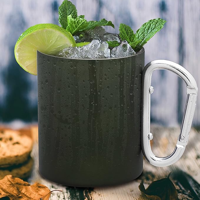 DISCOUNT PROMOS Stainless Steel Mugs with Carabiner Handle 10 oz. Set of 10, Bulk Pack - Perfect for Coffee, Soda, Other Hot & Cold Beverages - Army Green