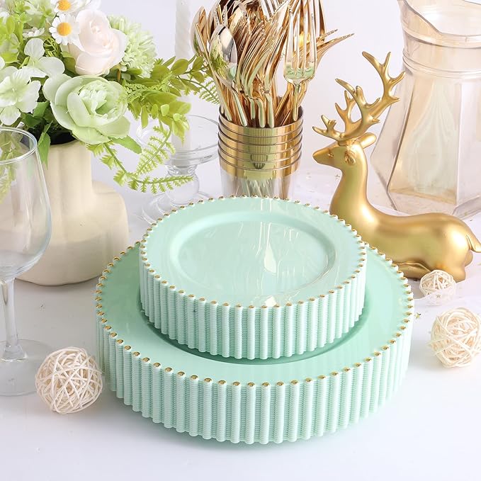 EI 60pcs Green Plastic Plates with Gold Rim,Disposable Heavy Duty Sage Green and Gold 10.25" Dinner & 7.5" Dessert Plastic Plate for Birthday,Afternoon Tea,Wedding,Spring,Valentine's Day,Easter