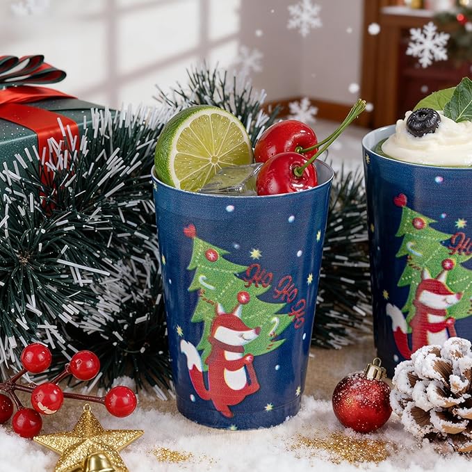 I00000 50Pcs 12oz Christmas Tree Design Christmas Plastic Cups, Premium Disposable Cups Cocktail Cup, Dark Blue Xmas Party Cup with Red Fox Design Pattern Design, Perfect for Xmas Party