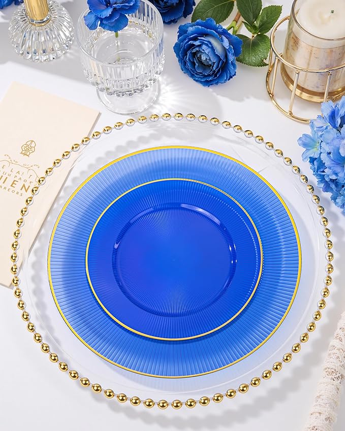 Hioasis 60pcs Blue Gold Plastic Plates - Gold Disposable Dinnerware Set, 30pcs Dinner 10.25in & 30pcs dessert 7.5in plates with striped designs for party & wedding