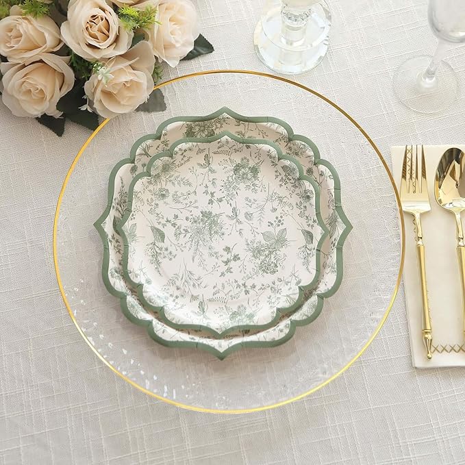 50 Pack 10" Sage Green Dinner Plates in French Toile Floral Pattern, Disposable Round Paper Party Plates 300 GSM for Festive Table Decoration