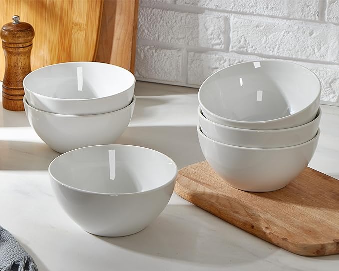 ONEMORE White Ceramic Bowls Set of 6, 24 oz Soup and Cereal Bowl- Microwave & Dishwasher Safe, Porcelain Dinner Bowls, Individual Salad Serving Bowl, Deep Interior, Scratch-Resistance, Stackable