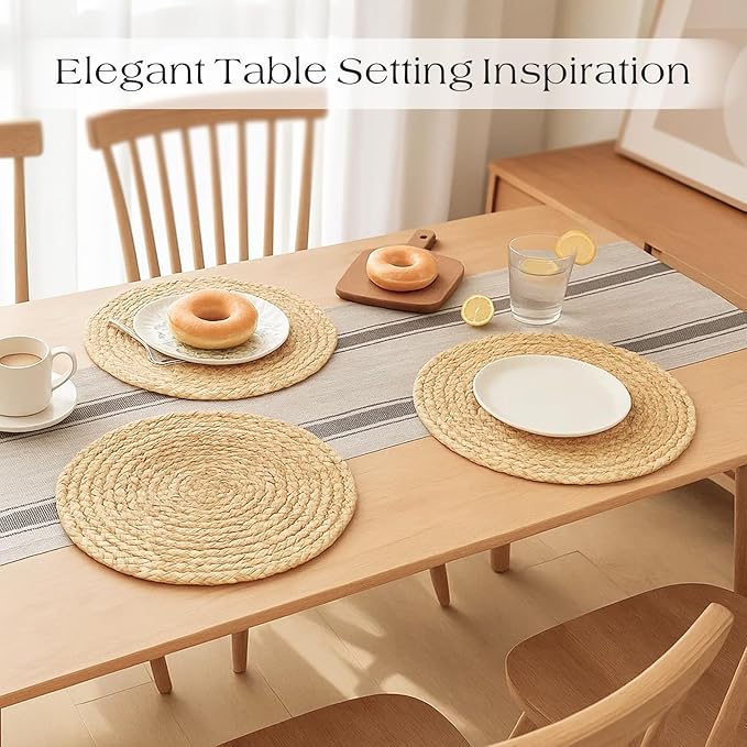 13” Woven Round Placemats Set of 4, Natural Water Hyacinth Braided Table Mats with 4 Wood Bead Napkin Rings, Washable Boho Farmhouse Rattan Place Mats for Home, Outdoor, Table Decor, Dinning, Wedding