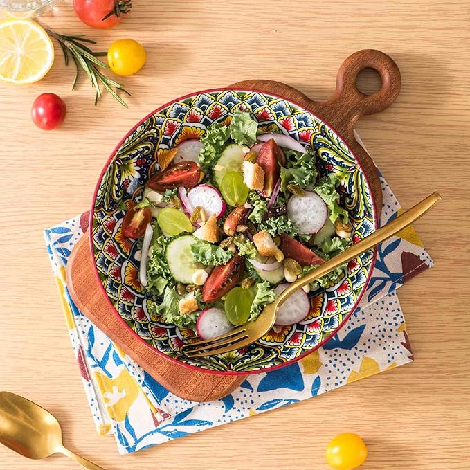 Henten Home 32 oz Porcelain Pasta Bowls Set, Salad Bowl Set of 6, Ceramic Dinner Serving Bowls for Soup, Cereal, Fruit, Bohemia Style, Microwave & Dishwasher Safe