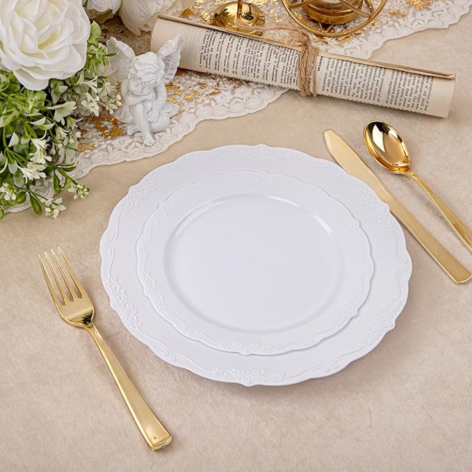U-QE 100 Pieces White Plastic Plates - White Disposable Plates - Premium Hard Plastic Disposable Plates for Wedding and Party Use Including 50 Dinner Plates 10 '' & 50 Dessert Plates 7.5 ''