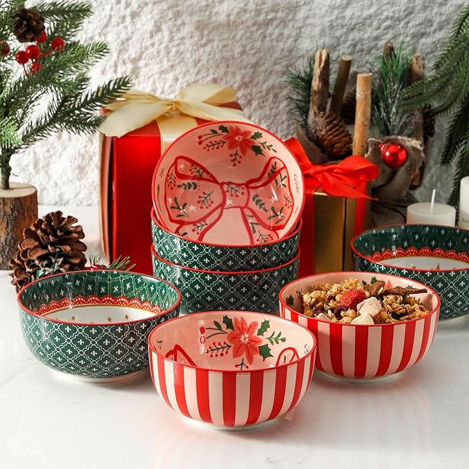 Ceramic Soup Bowls Set of 6,30 Ounce Stoneware Cereal Bowl,Porcelain Nesting Bowls for Oatmeal,Popcorn,Soup,Pasta,Fruit,Christmas Gift,Microwave & Dishwasher Safe,Christmas Bow